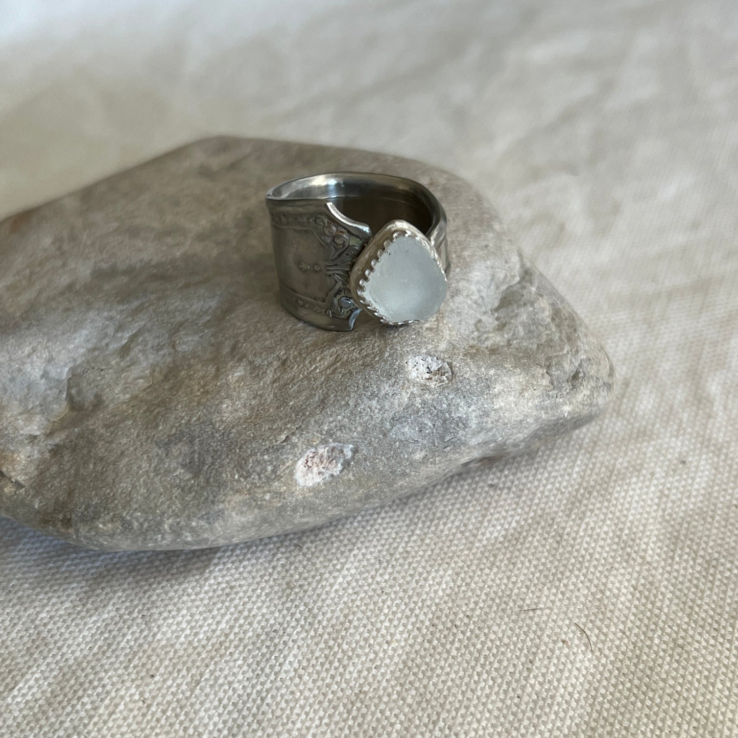 Italian Beach Glass Silverware Ring (Soft White, size 7.5)