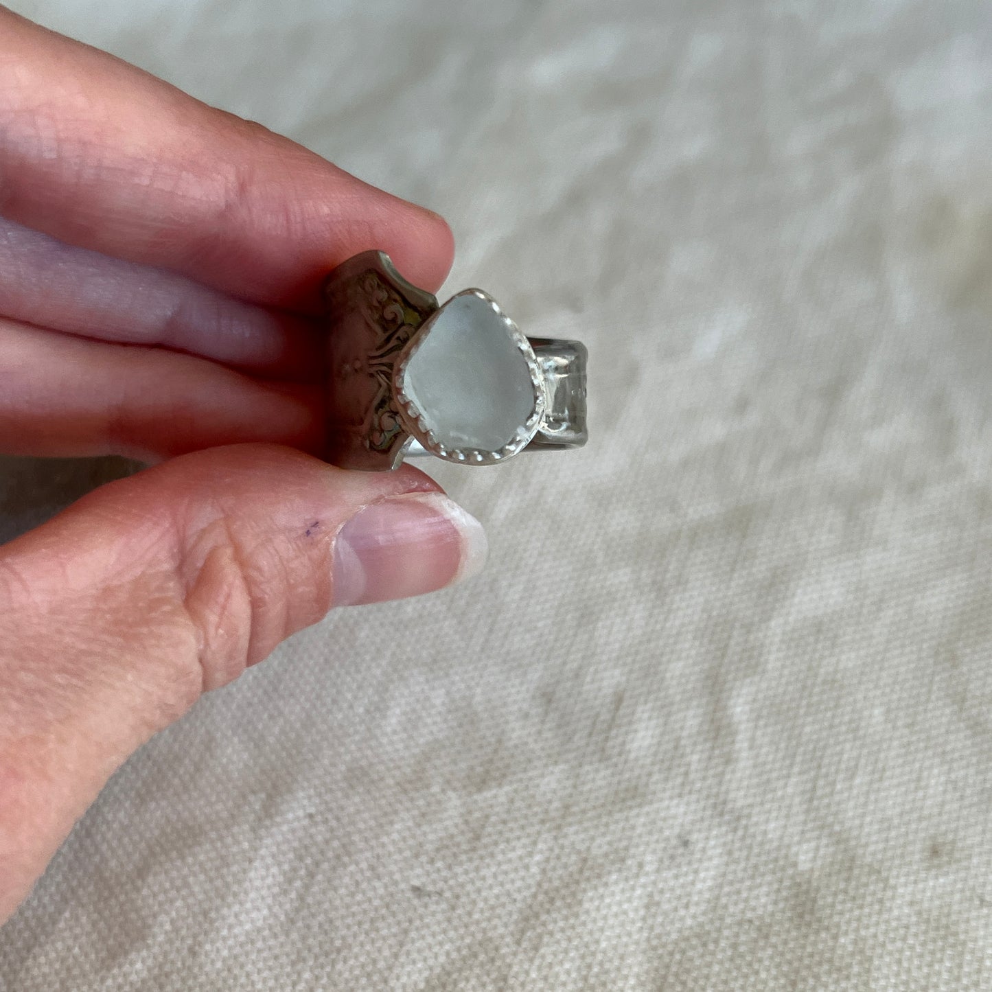 Italian Beach Glass Silverware Ring (Soft White, size 7.5)