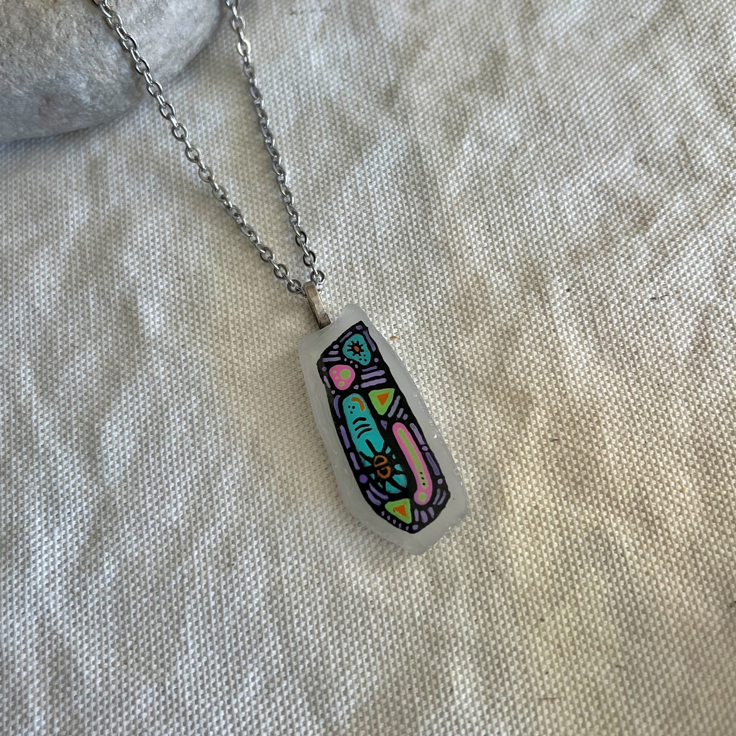 Hand Painted Chicago Beach Glass Necklace (Tall Rectangular)