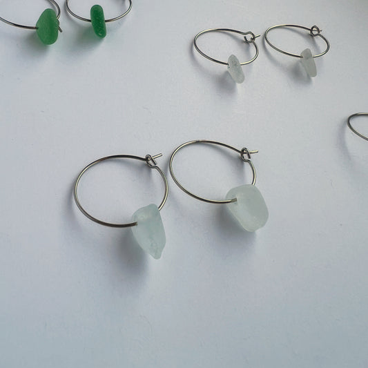 Chicago Beach Glass Earrings (Light Aqua Hoops)