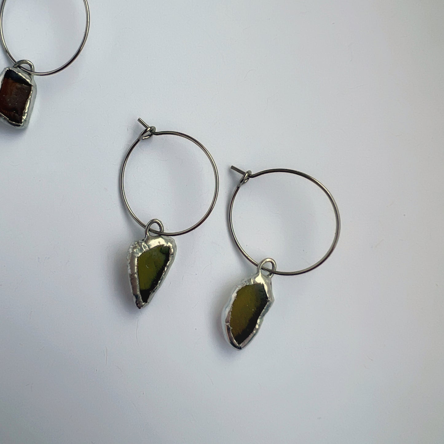 Chicago Beach Glass Earrings (Soldered Olive Green Hoops)