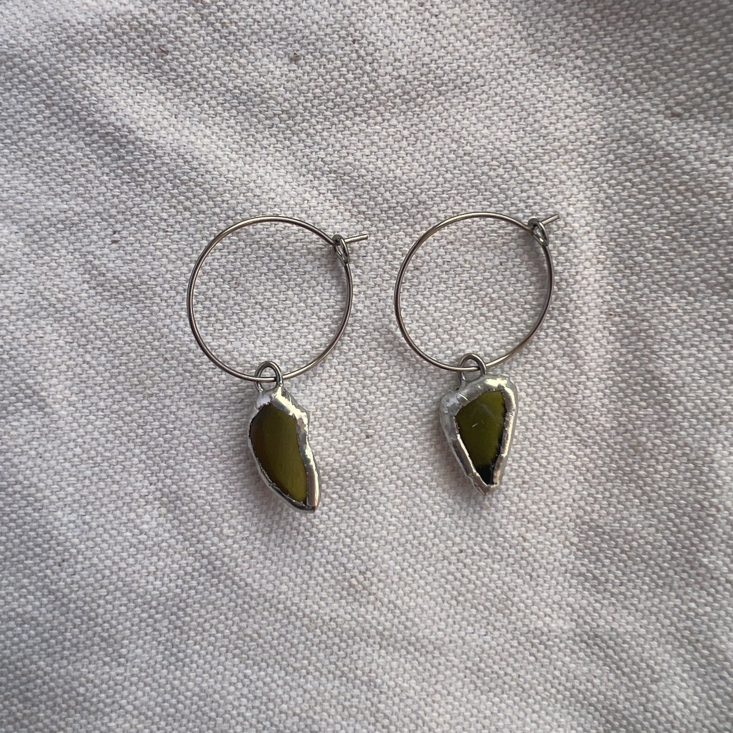 Chicago Beach Glass Earrings (Soldered Olive Green Hoops)
