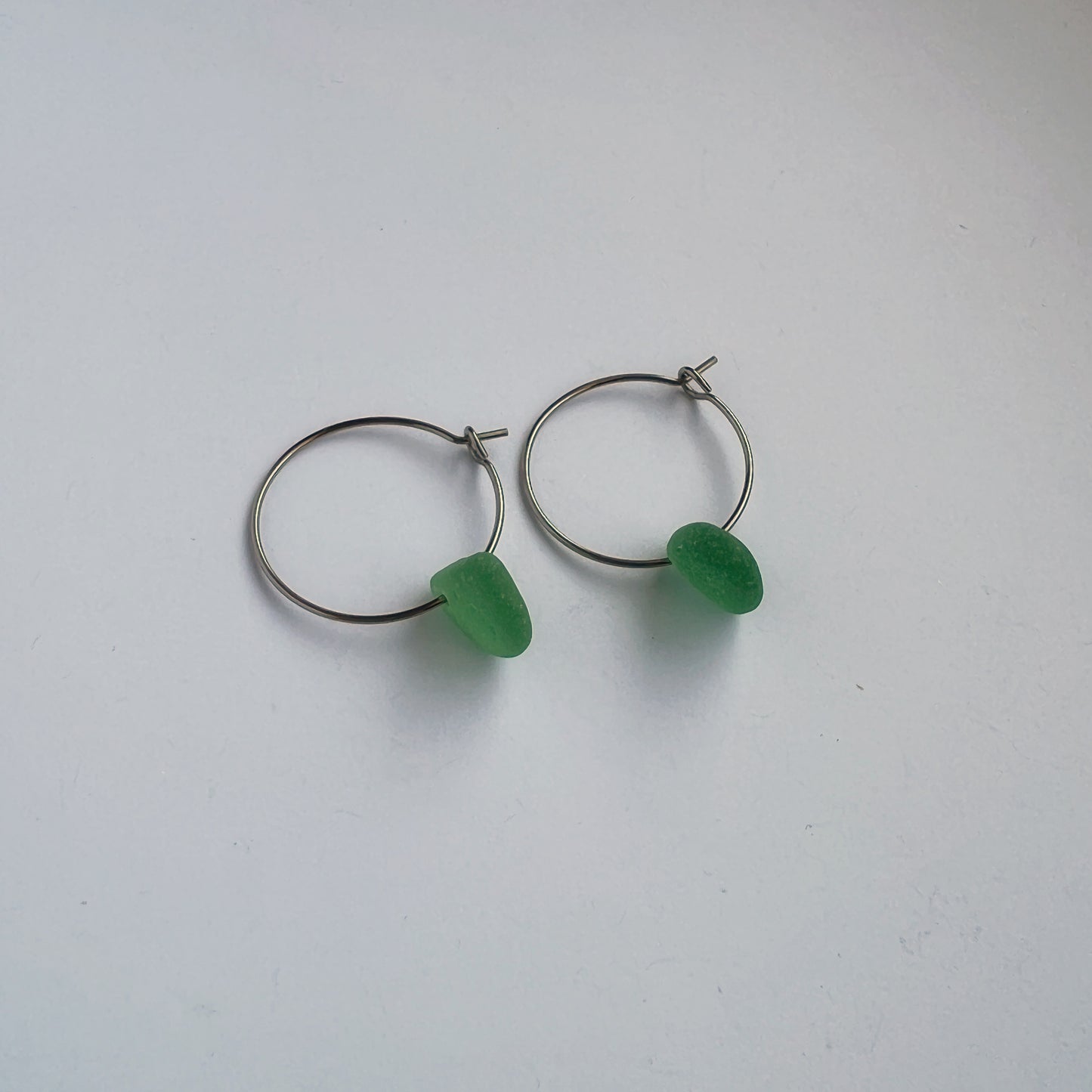 Chicago Beach Glass Earrings (Emerald Green Hoops)