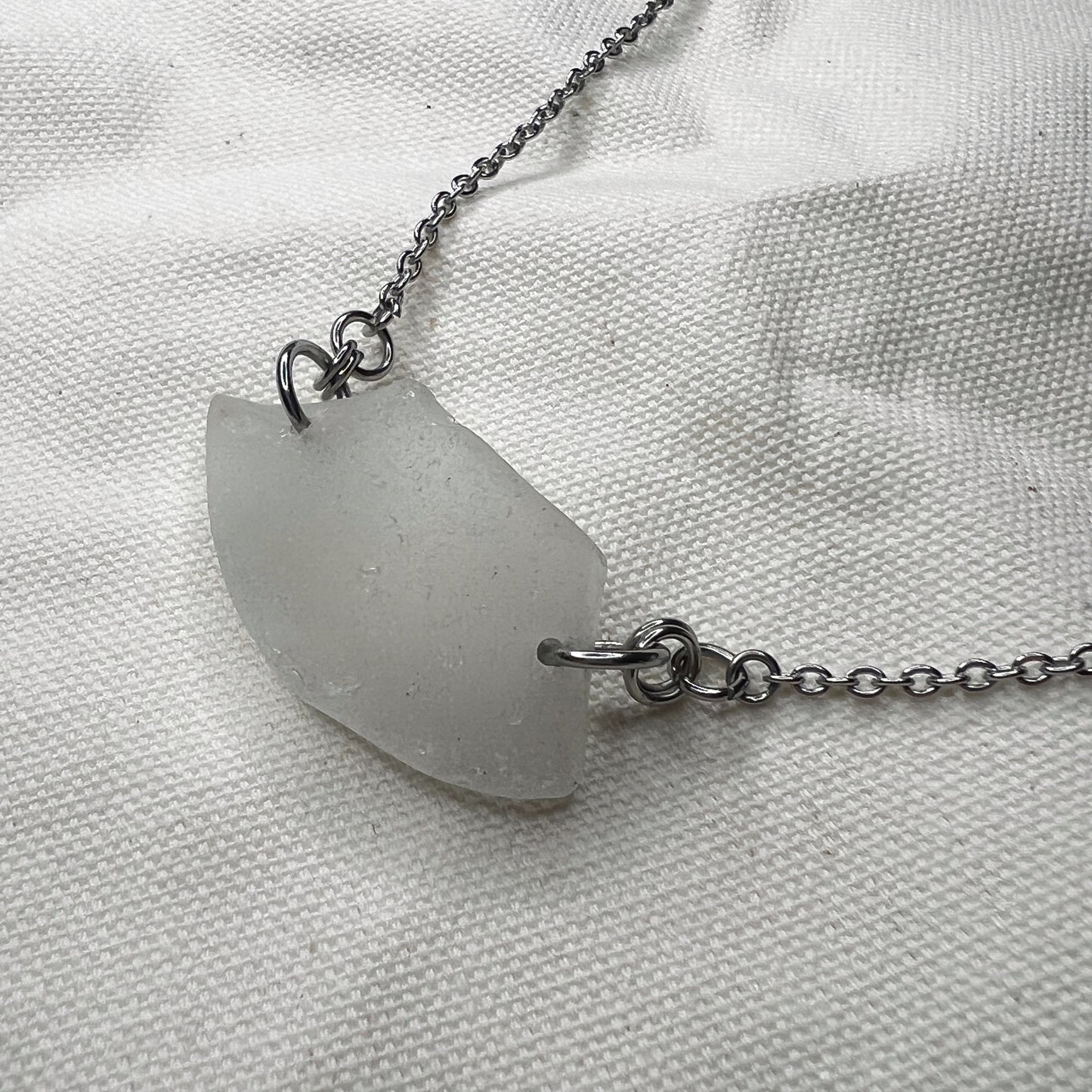 White Chicago Beach Glass Necklace (Raw Stainless Steel)