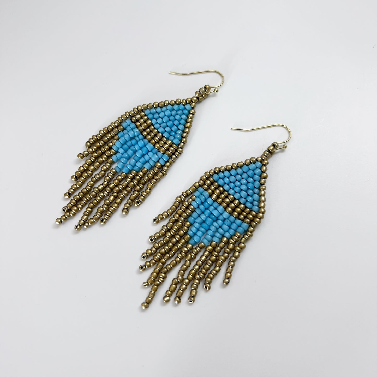 Hand-Woven Sky Blue and Gold Fringe Earrings