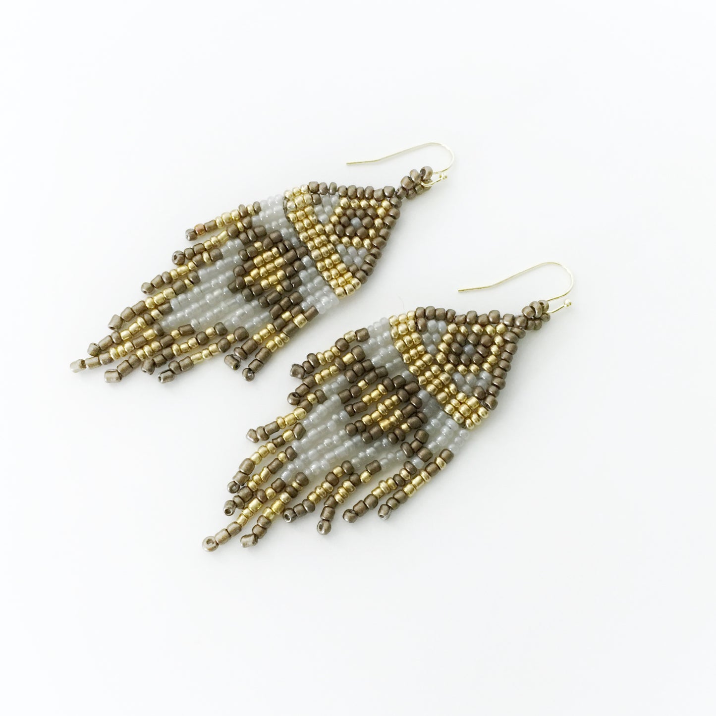 Hand Beaded Fringe Earrings (Brown, Pearlescent, and Gold)