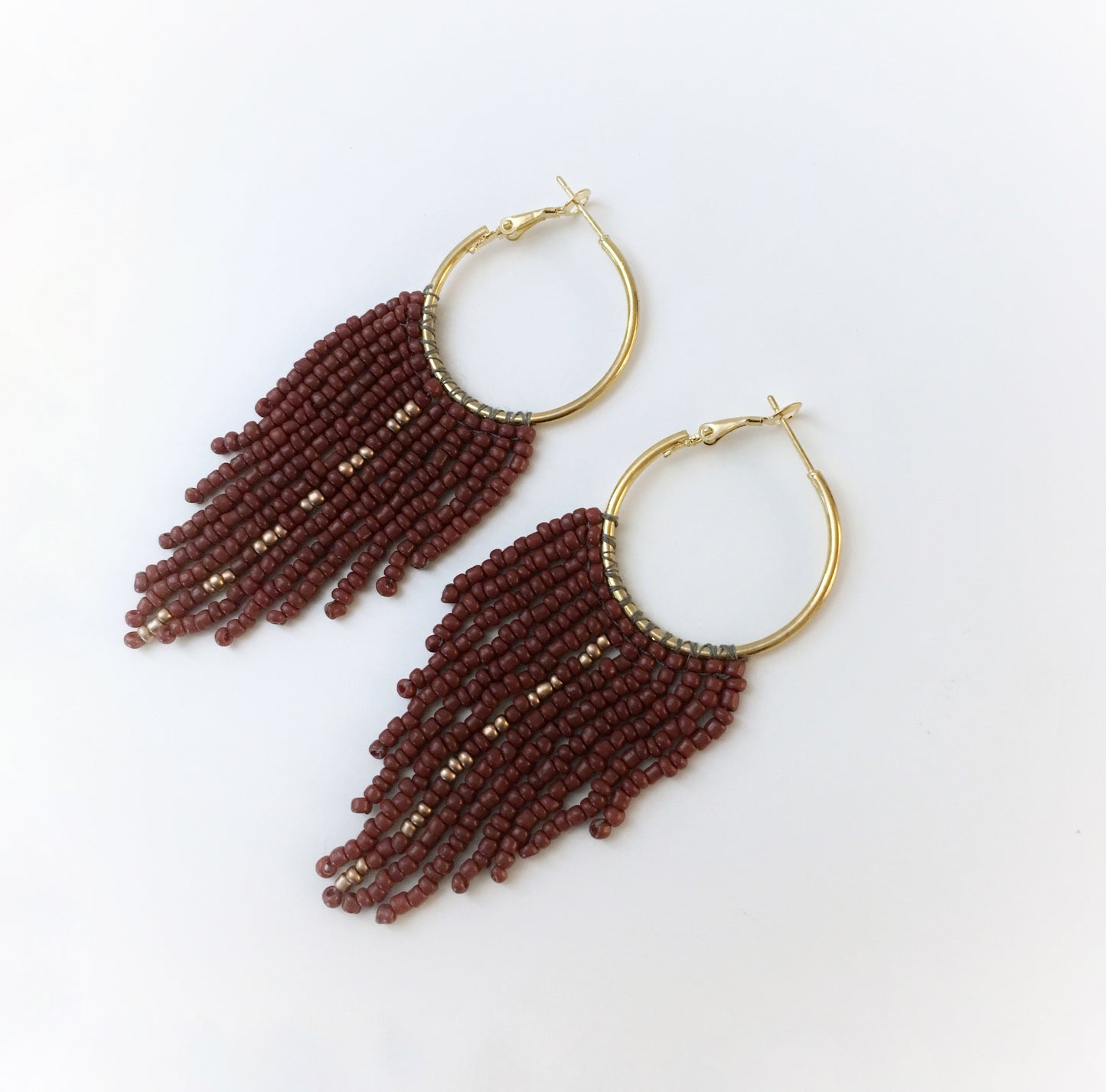 Hand-Woven Burgundy and Gold Fringe Earrings